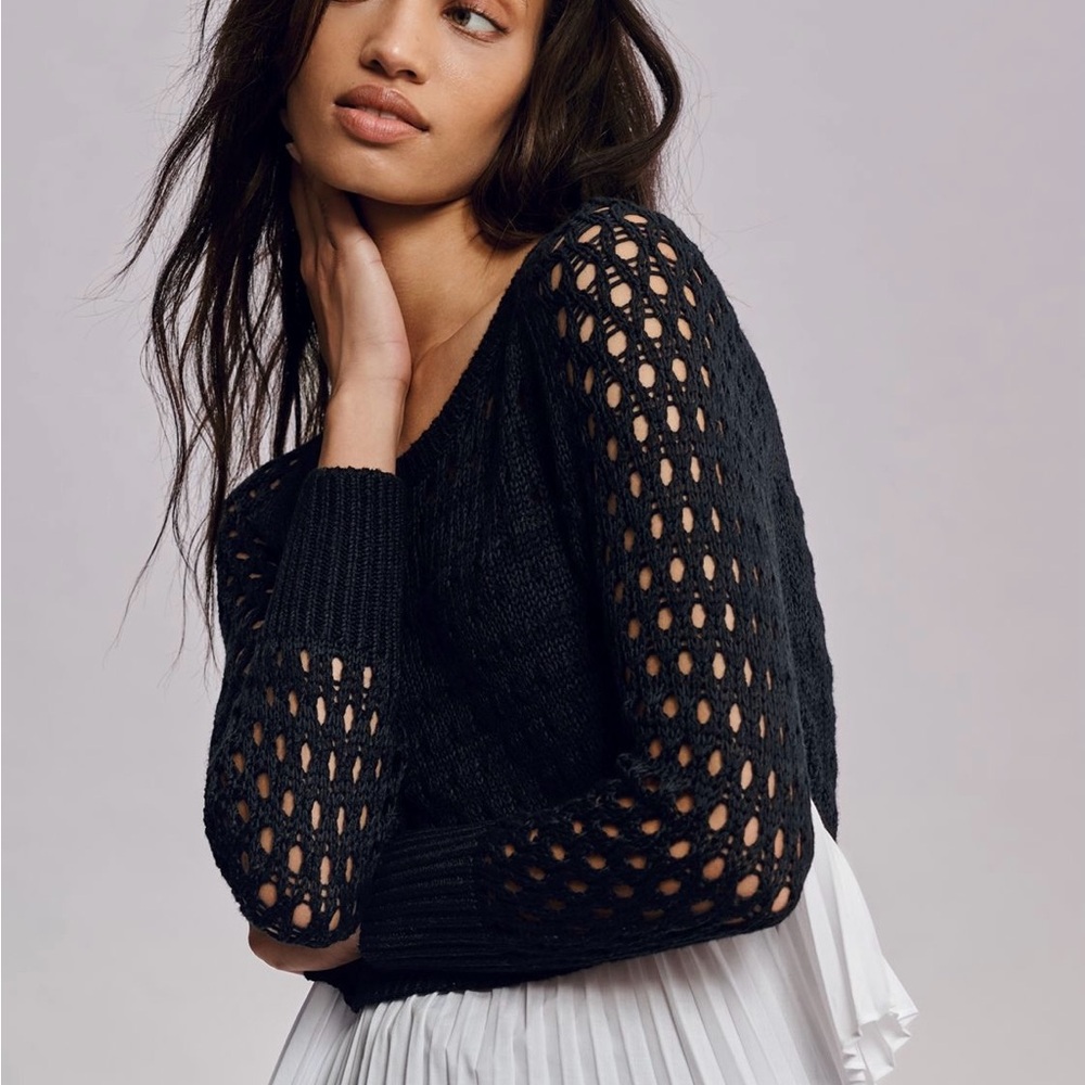 Maeve Black Open-Knit Crew Neck Sweater